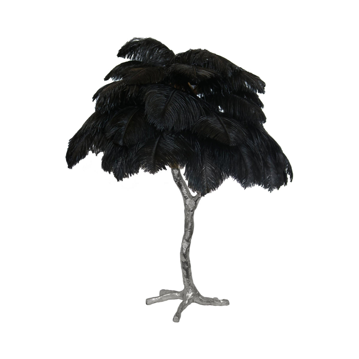 Clérachic table lamp with black ostrich feathers on a silver branch stem, shown on a white background.