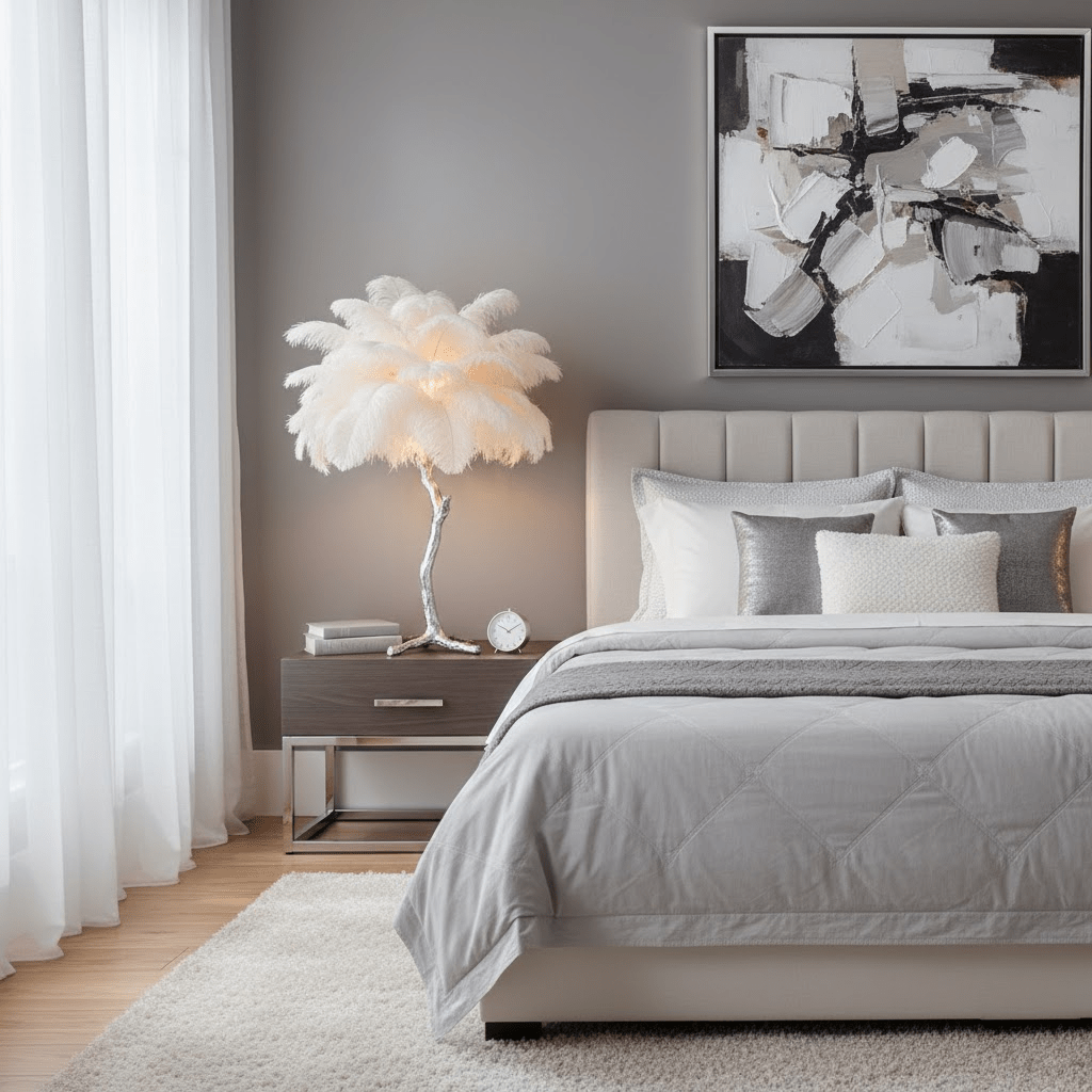 A white-feathered Clérachic table lamp with a silver branch stem on a bedside table, beside a grey upholstered bed and a framed abstract print.
