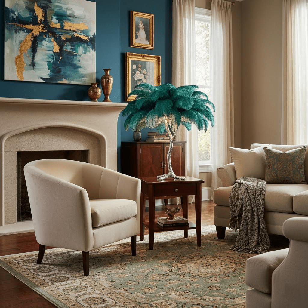 Teal feather shade on this Clérachic table lamp, on a side table by a fireplace in a living room with a cream armchair and blue wall.
