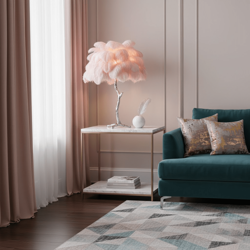 Pale pink Clérachic feather lamp on a silver stem, on a white marble side table beside a teal sofa and dusky pink curtains.