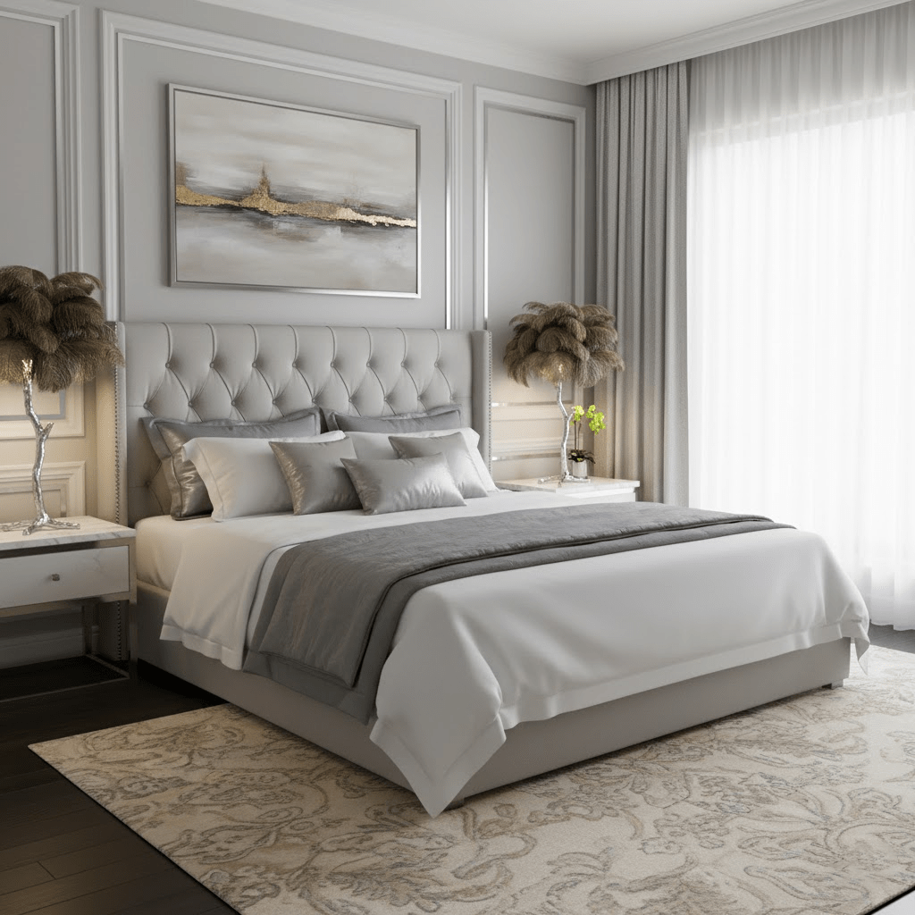 Two Clérachic feather table lamps with taupe plumes on bedside tables, either side of a grey tufted bed in a pale panelled bedroom.