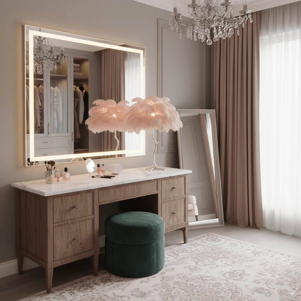 Two blush-pink Clérachic feather lamps on a marble-topped dressing table, with a lit mirror, a chandelier and a green velvet stool.