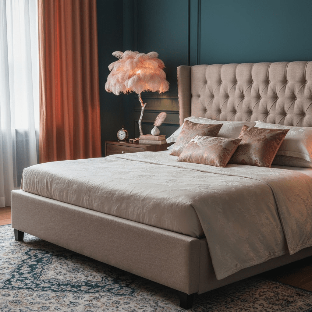 Small Clérachic feather lamp glowing pink on a bedside table, beside a buttoned headboard and rust-coloured curtains in a teal room.