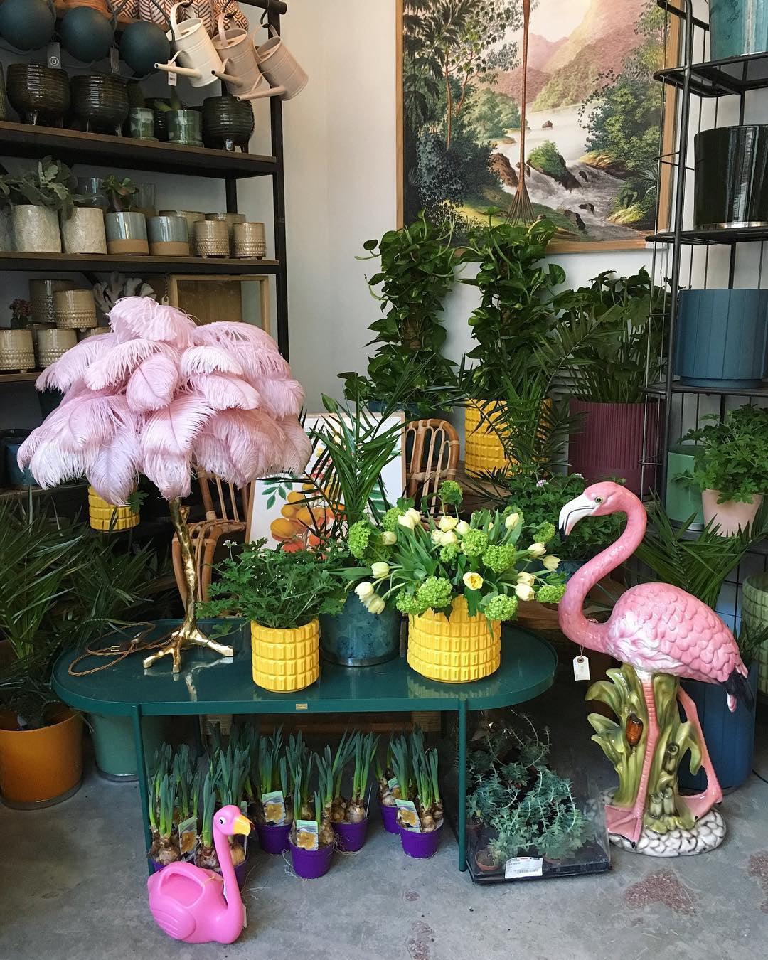 Clérachic table lamp with pink feathers among pot plants and flowers in a garden shop, with a pink flamingo ornament beside it.