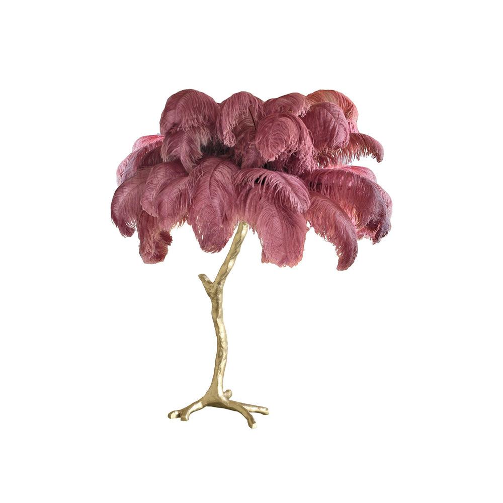 Clérachic table lamp with dusky rose-mauve feathers on a gold branch stem, shown on a plain white background.