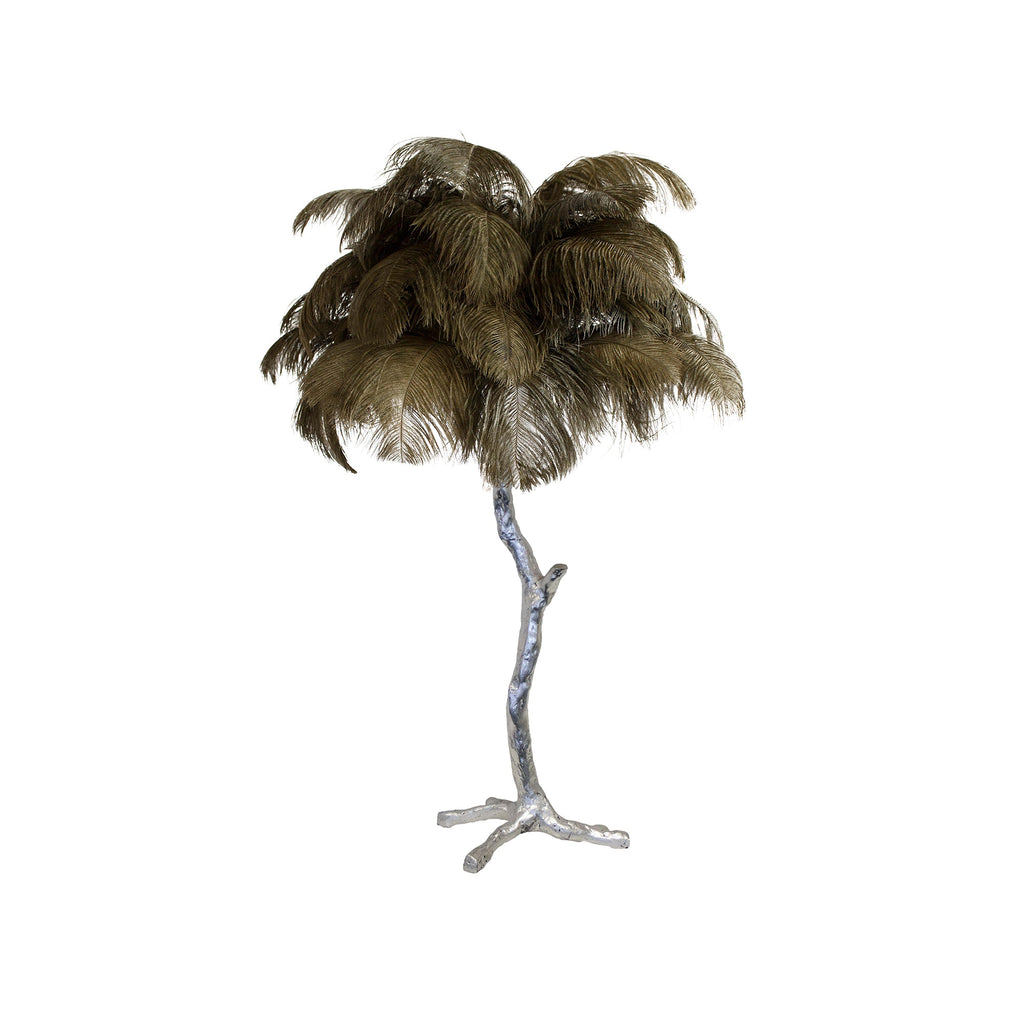 Clérachic table lamp with dark olive-brown feathers on a silver branch stem, on a white background.