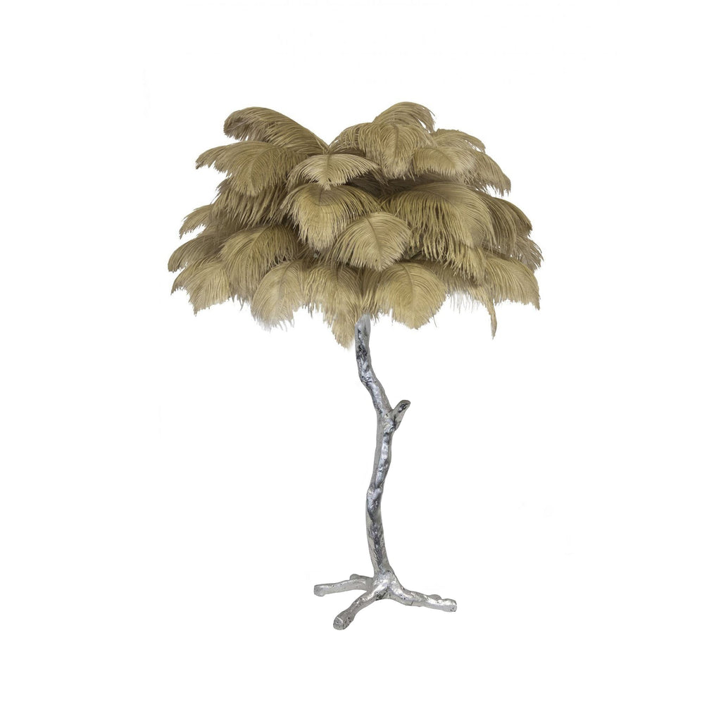 Clérachic table lamp with khaki-beige ostrich feathers on a silver branch stem with splayed feet, on a white background.