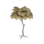 Clérachic table lamp with khaki-beige ostrich feathers on a silver branch stem with splayed feet, on a white background.