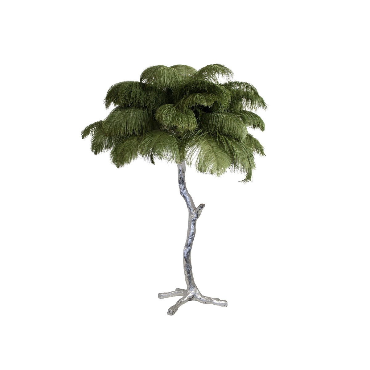 Clérachic table lamp with moss-green feathers on a silver branch stem, shown on a white background.
