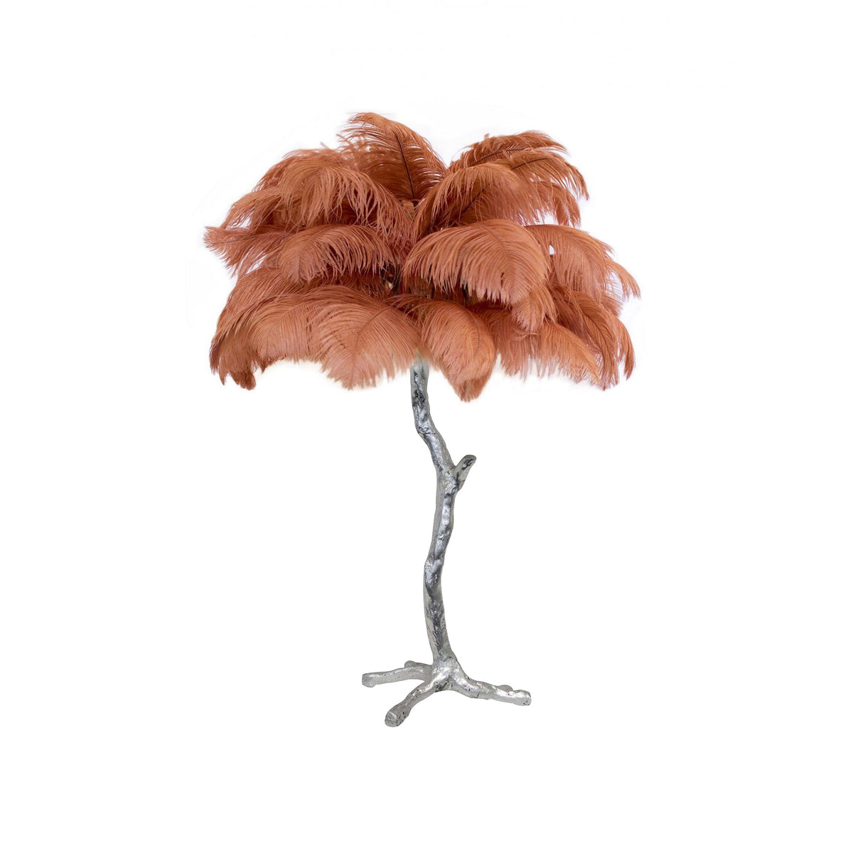 Clérachic table lamp with terracotta-coloured feathers on a silver branch stem, shown on a white background.