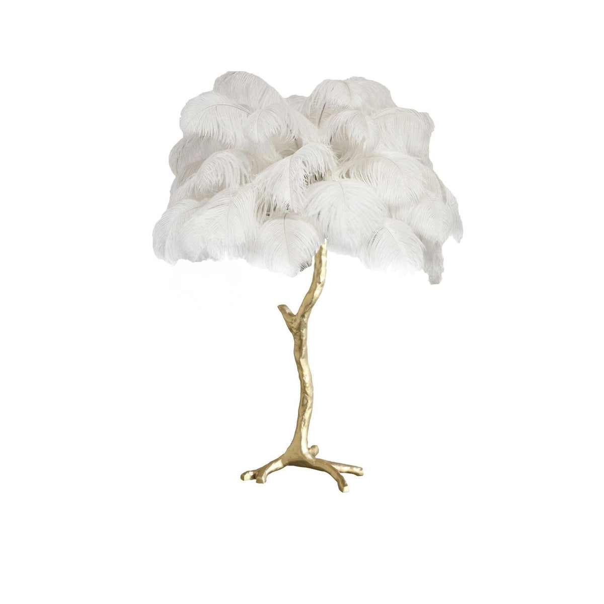 Clérachic table lamp with fluffy white ostrich feathers on a gold branch stem, shown on a white background.