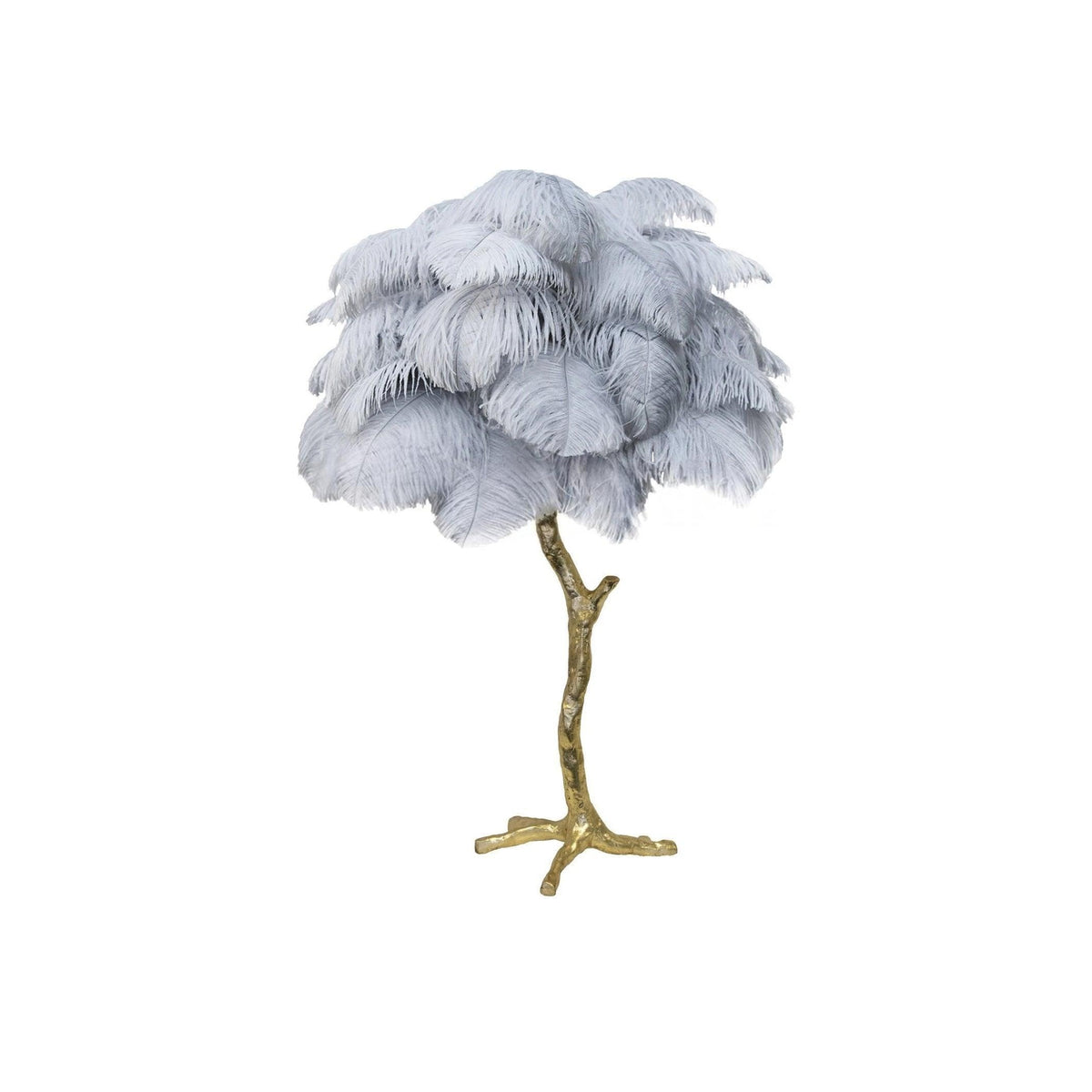 Clérachic table lamp with pale blue-grey feathers on a gold branch stem, shown on a white background.