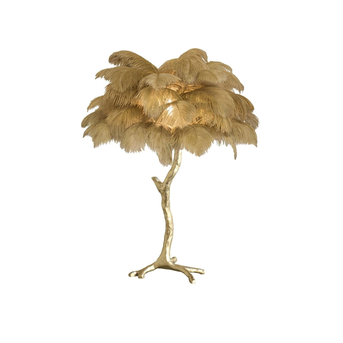 Clérachic table lamp with lit mustard-gold feathers on a gold branch stem, on a white background.