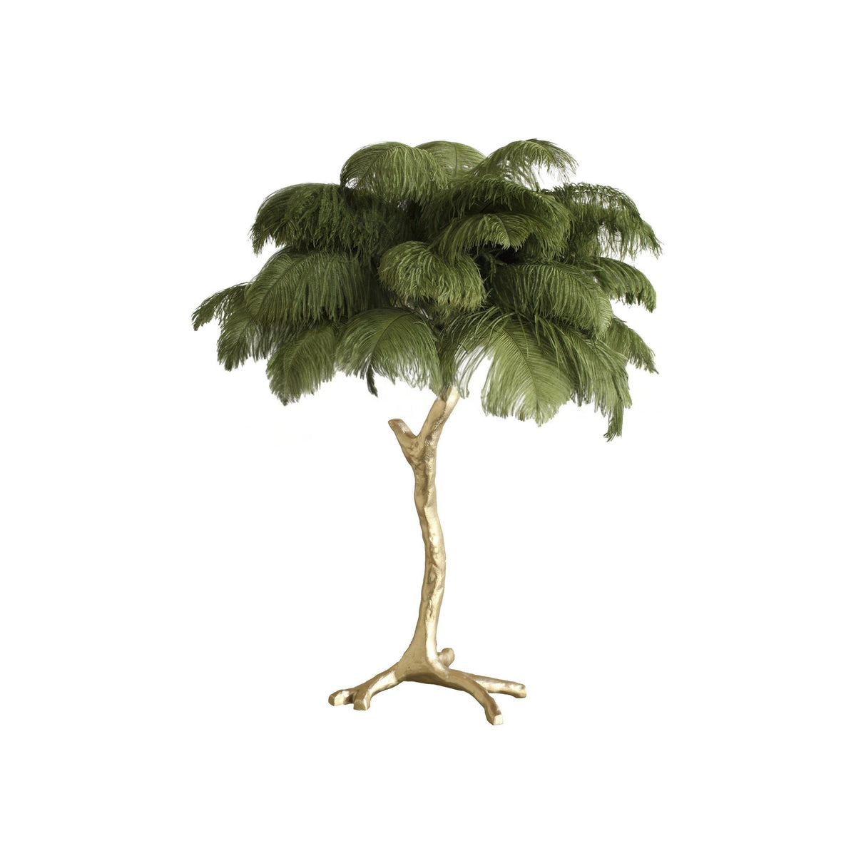 Clérachic table lamp with moss-green ostrich feathers on a gold branch stem, shown on a white background.