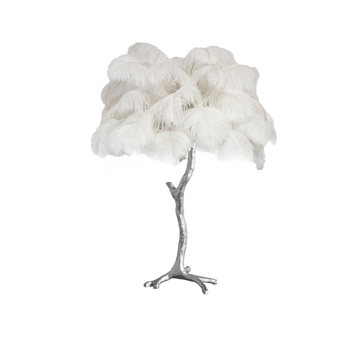 Clérachic table lamp with fluffy white feathers on a silver branch stem, shown on a white background.