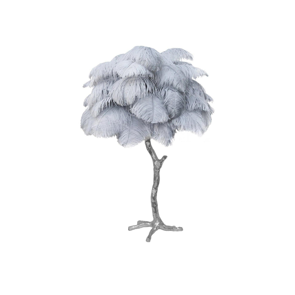 Clérachic table lamp with pale blue-grey feathers on a silver branch stem, shown on a white background.
