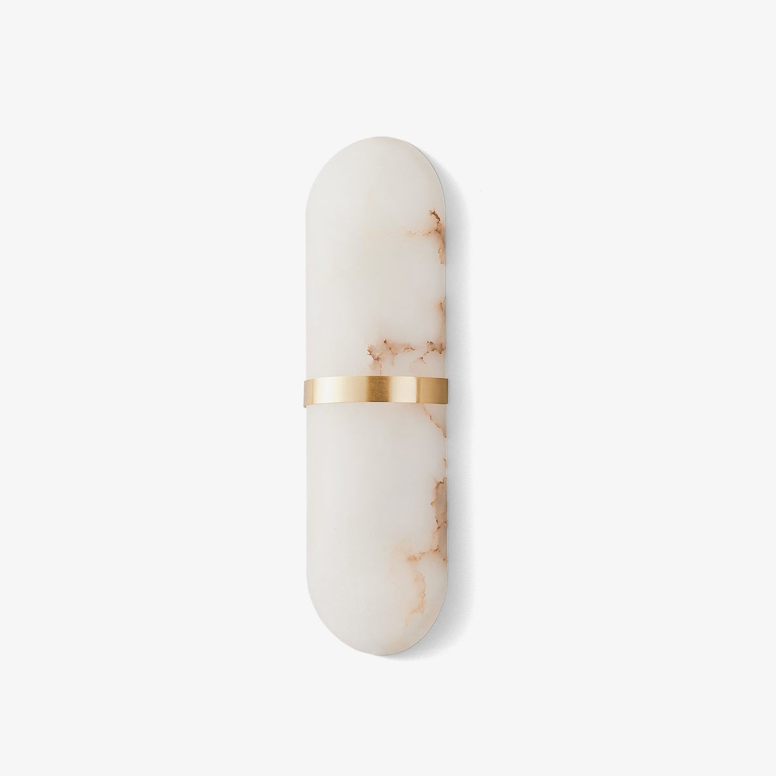 Clérachic alabaster wall lamp on a pale grey ground, rust-toned veining threading through the stone.
