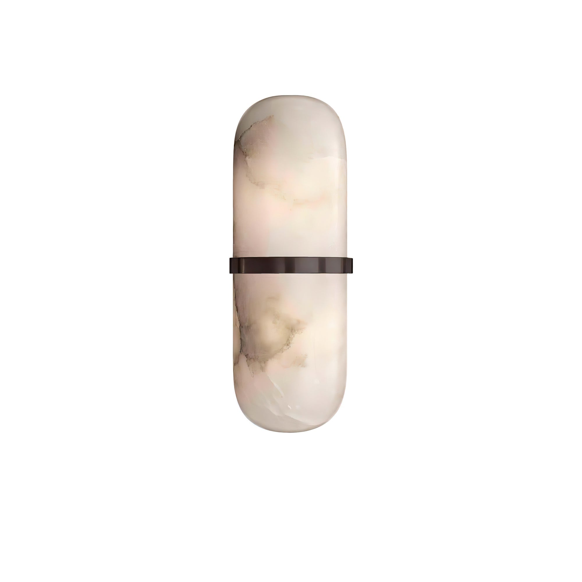 Clérachic pill sconce with a bronze-black band, cool grey veining marbling the alabaster above and below it.