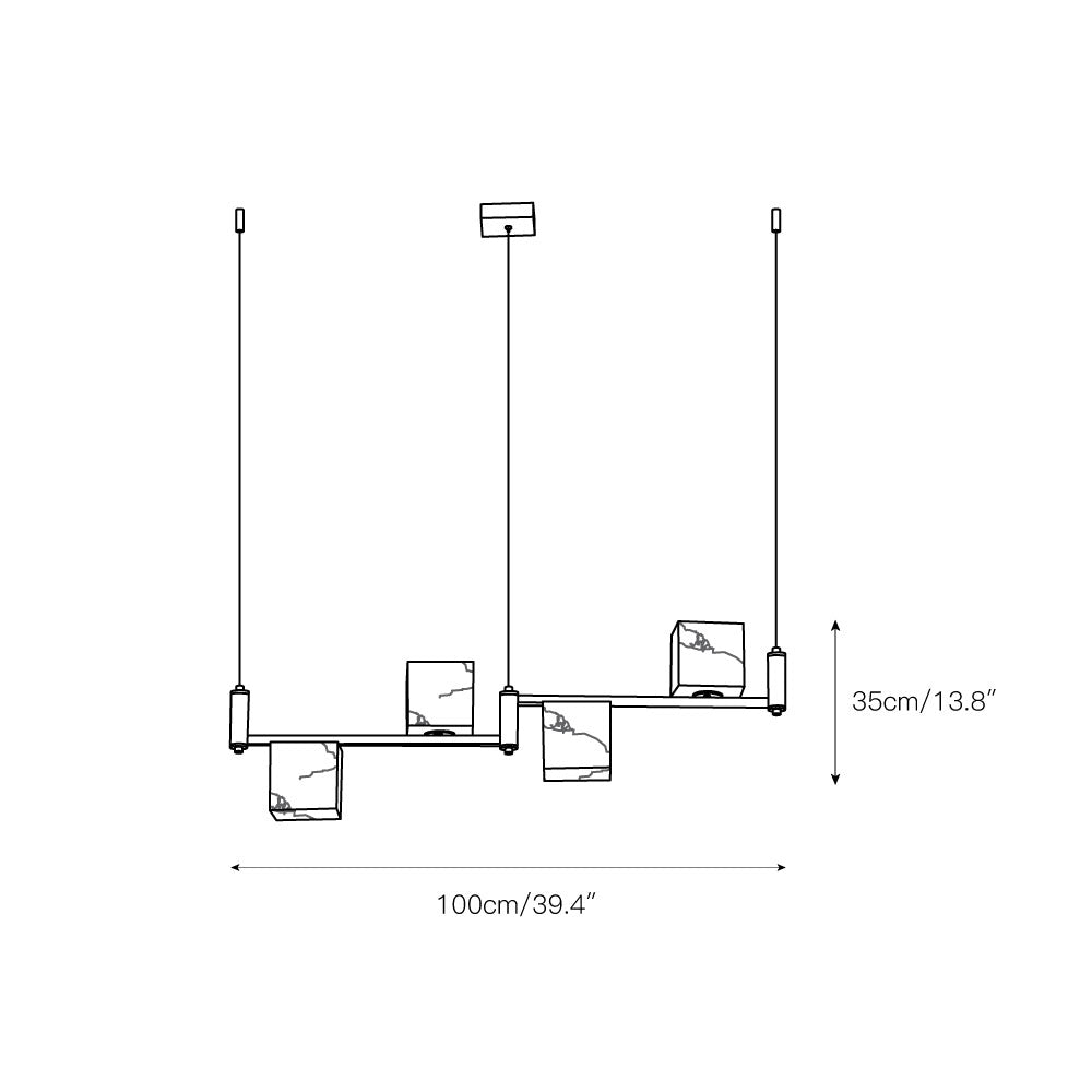 Line drawing of the Clérachic four-light chandelier measuring 100cm (39.4 inches) wide and 35cm (13.8 inches) tall.