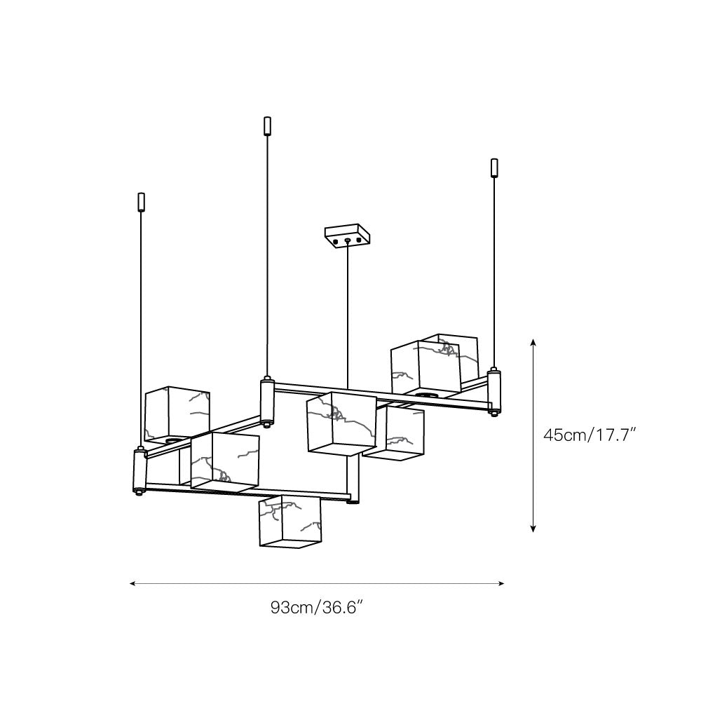 Line drawing of the Clérachic eight-light chandelier at 93cm (36.6 inches) wide and 45cm (17.7 inches) tall.