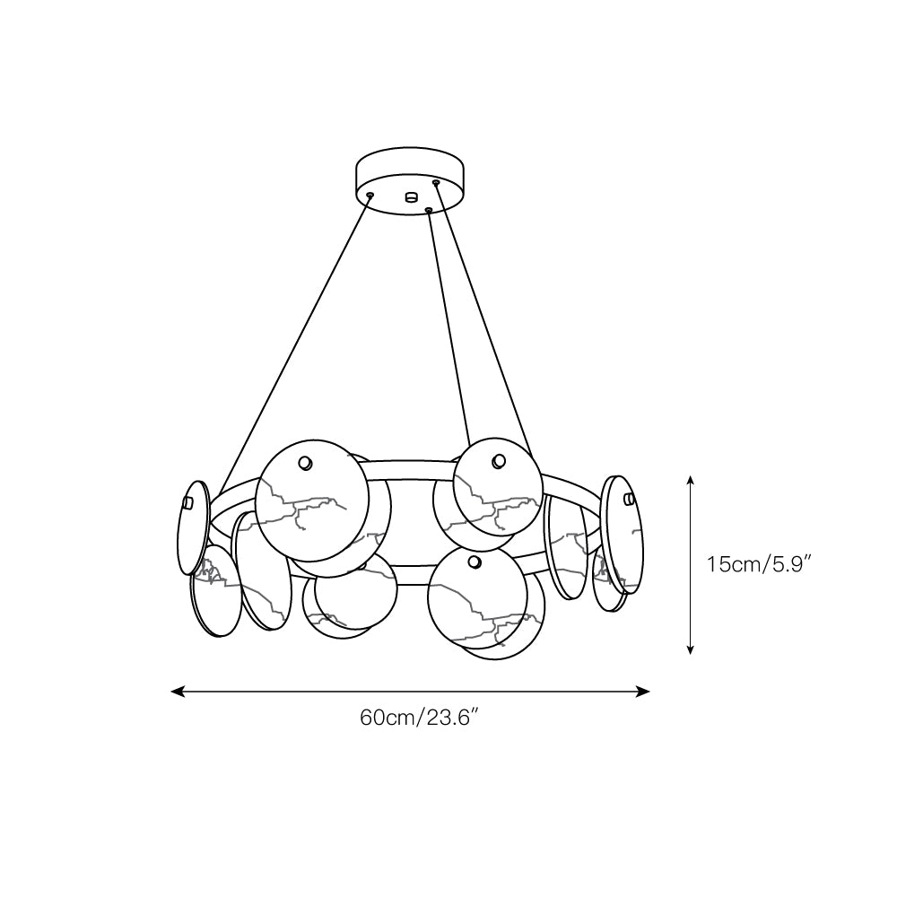 Line drawing of the Clérachic chandelier's six-light size, marked 60 cm / 23.6 in across and 15 cm / 5.9 in deep.