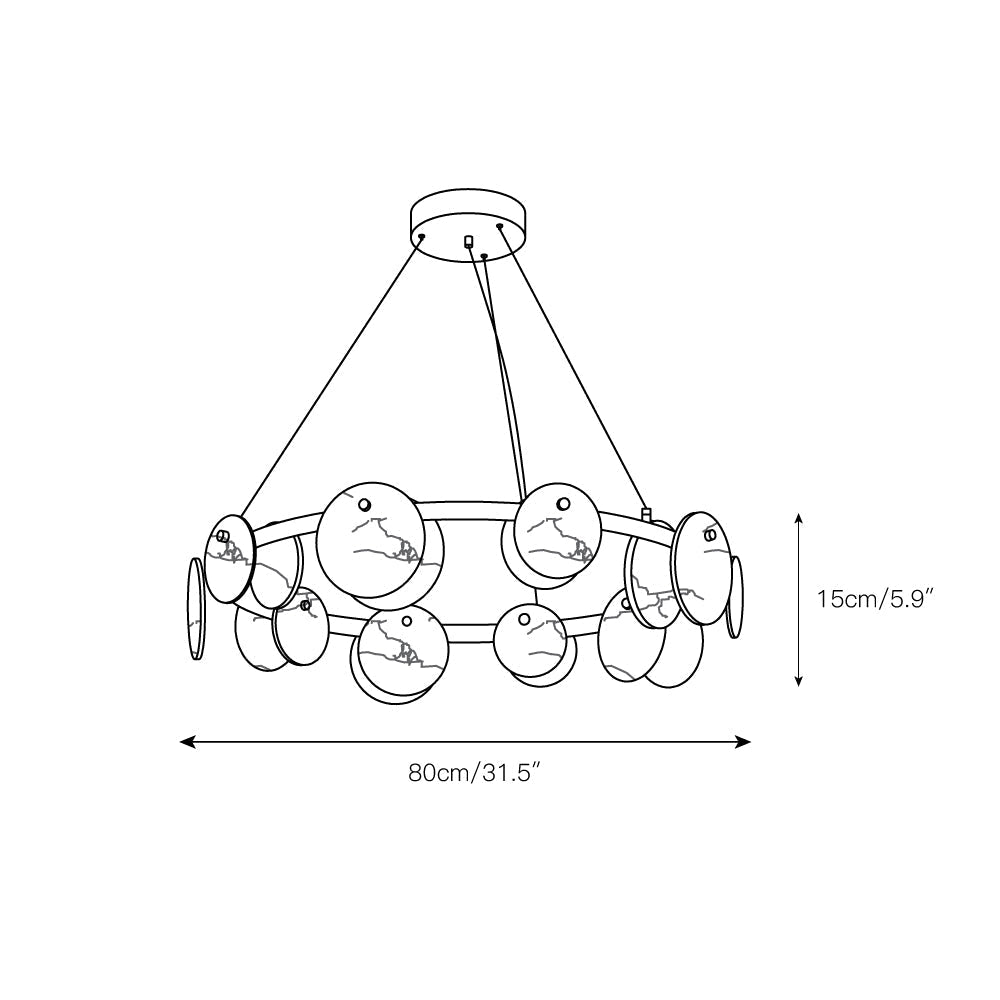 Line drawing of the Clérachic chandelier's eight-light size, marked 80 cm / 31.5 in across and 15 cm / 5.9 in deep.