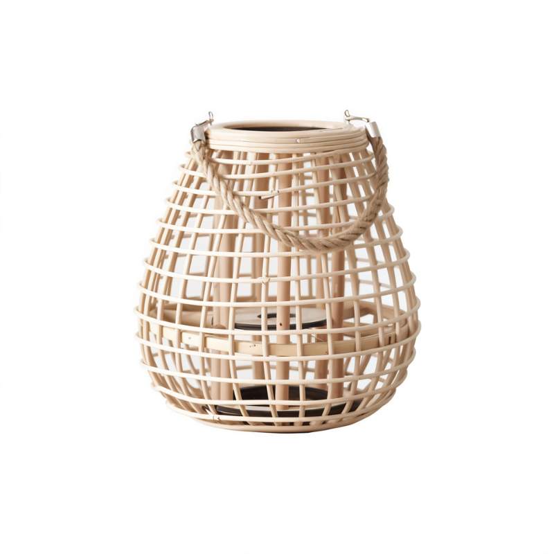 Clérachic squat woven cane lantern with a twisted rope handle and a candle space inside, on a white background.