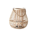 Clérachic squat woven cane lantern with a twisted rope handle and a candle space inside, on a white background.