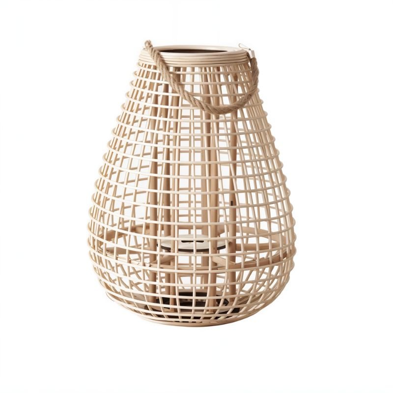 Clérachic large teardrop lantern in pale woven cane with a rope handle, shown against a plain white backdrop.