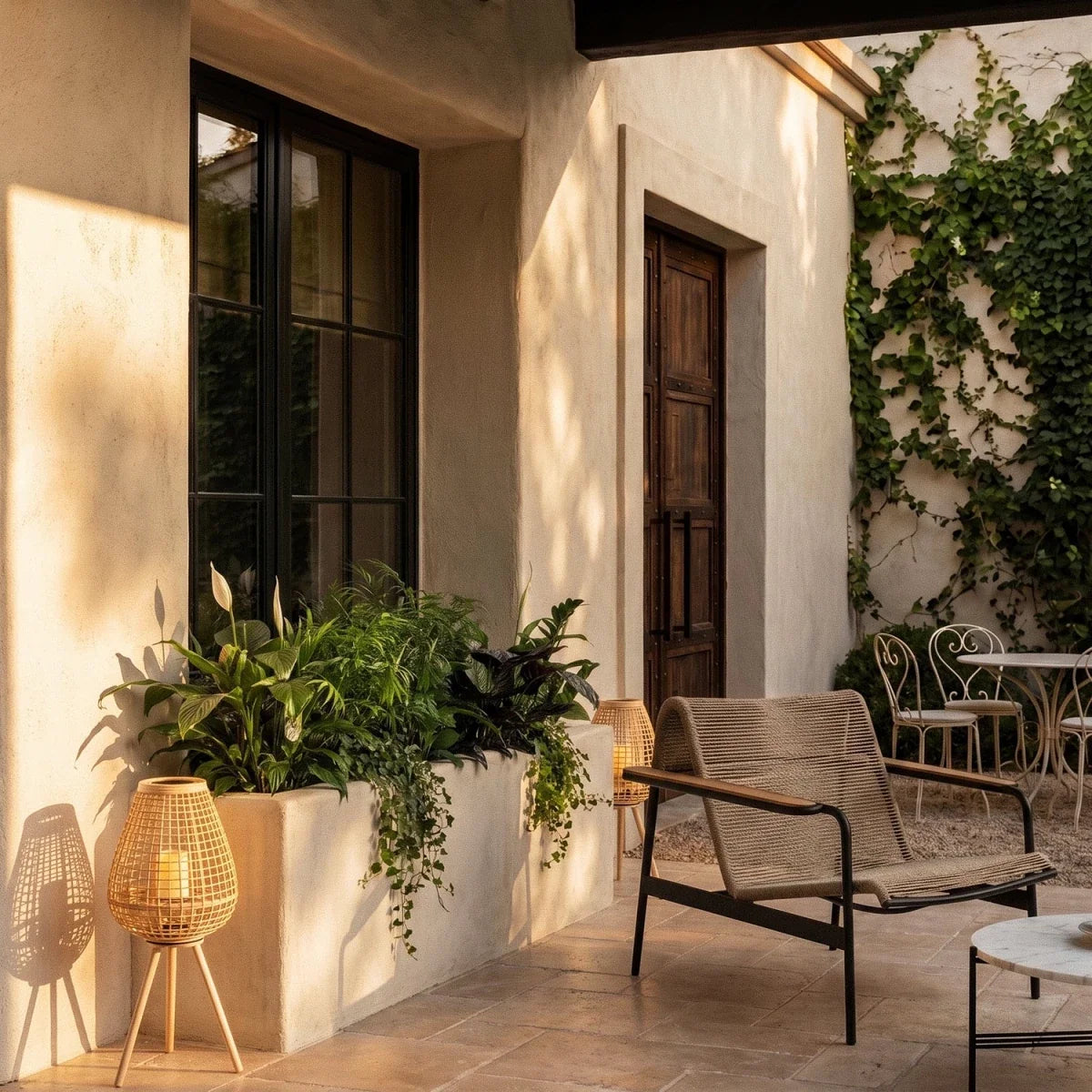 Clérachic tripod cane lanterns glowing on a sunlit terrace beside a planter, with a rope chair and bistro table behind.