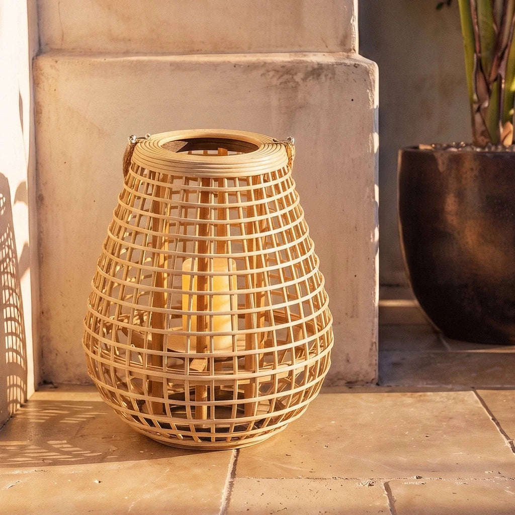 Clérachic woven cane lantern with a rope handle on a sun-warmed stone step, a candle glowing inside the weave.