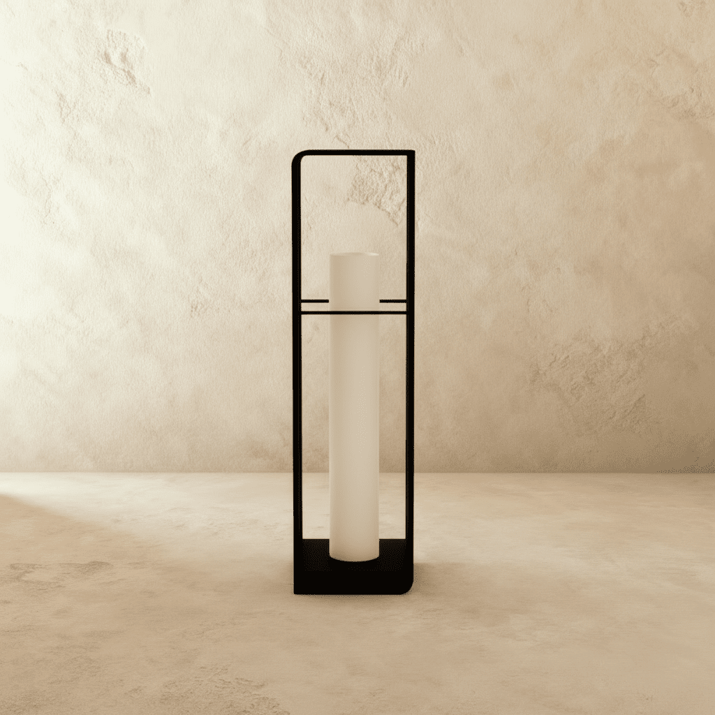 Clérachic large black lantern with its tall white cylinder unlit, a slim open metal frame on a stone-toned floor.