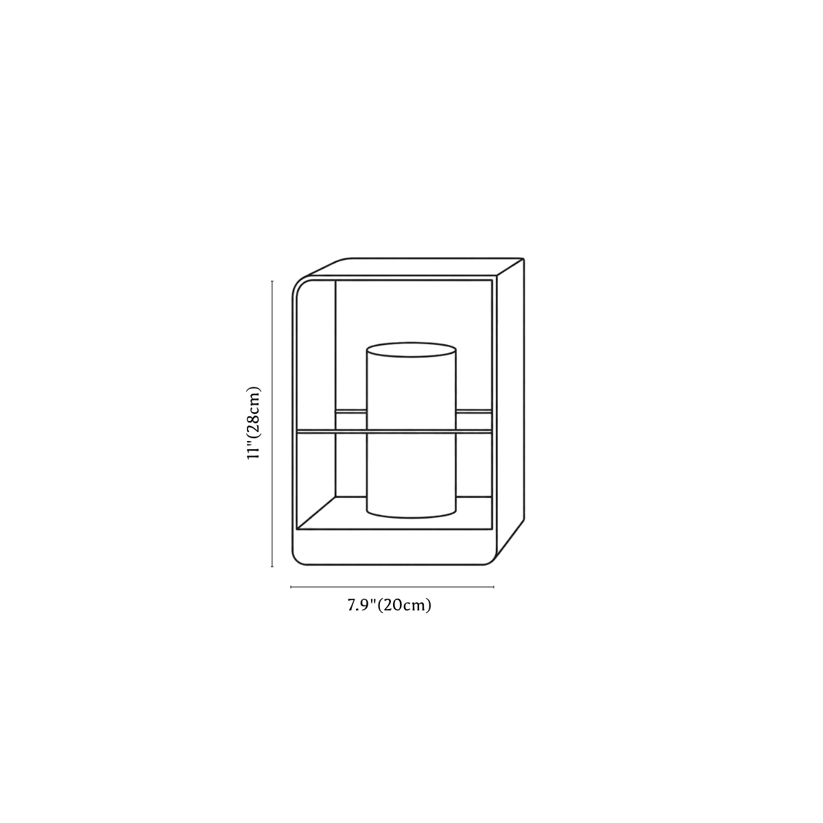 Clérachic lantern dimension drawing, 28 cm, every measurement marked in centimetres and inches.