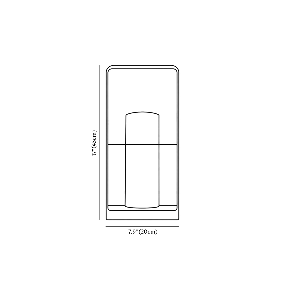 Clérachic lantern dimension drawing, 43 cm, every measurement marked in centimetres and inches.