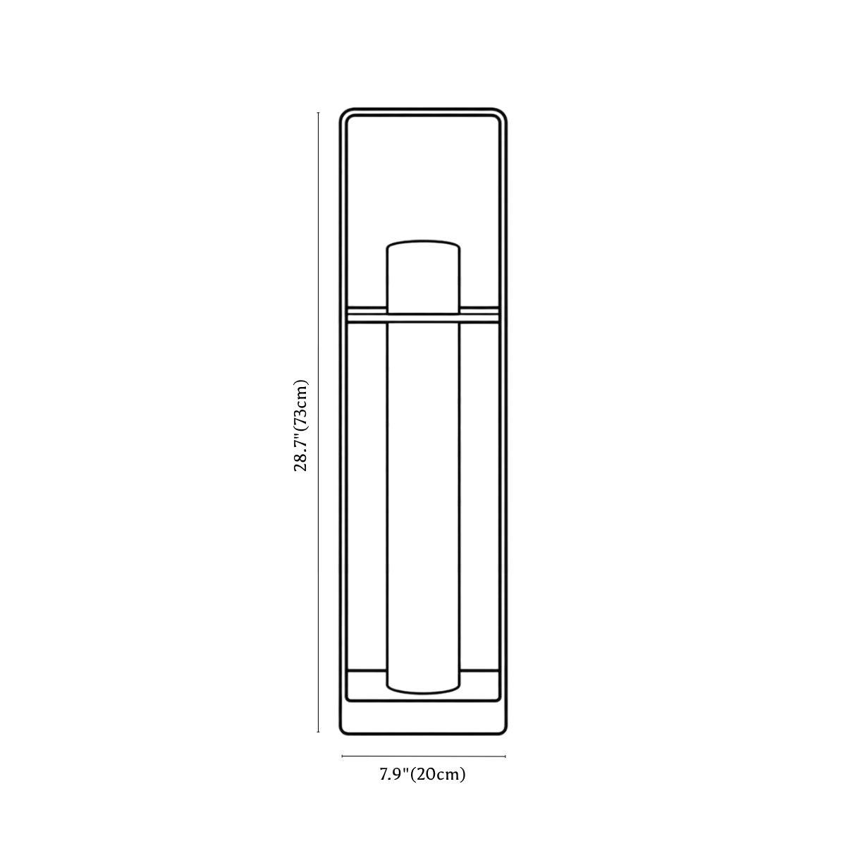 Clérachic lantern dimension drawing, 73 cm, every measurement marked in centimetres and inches.