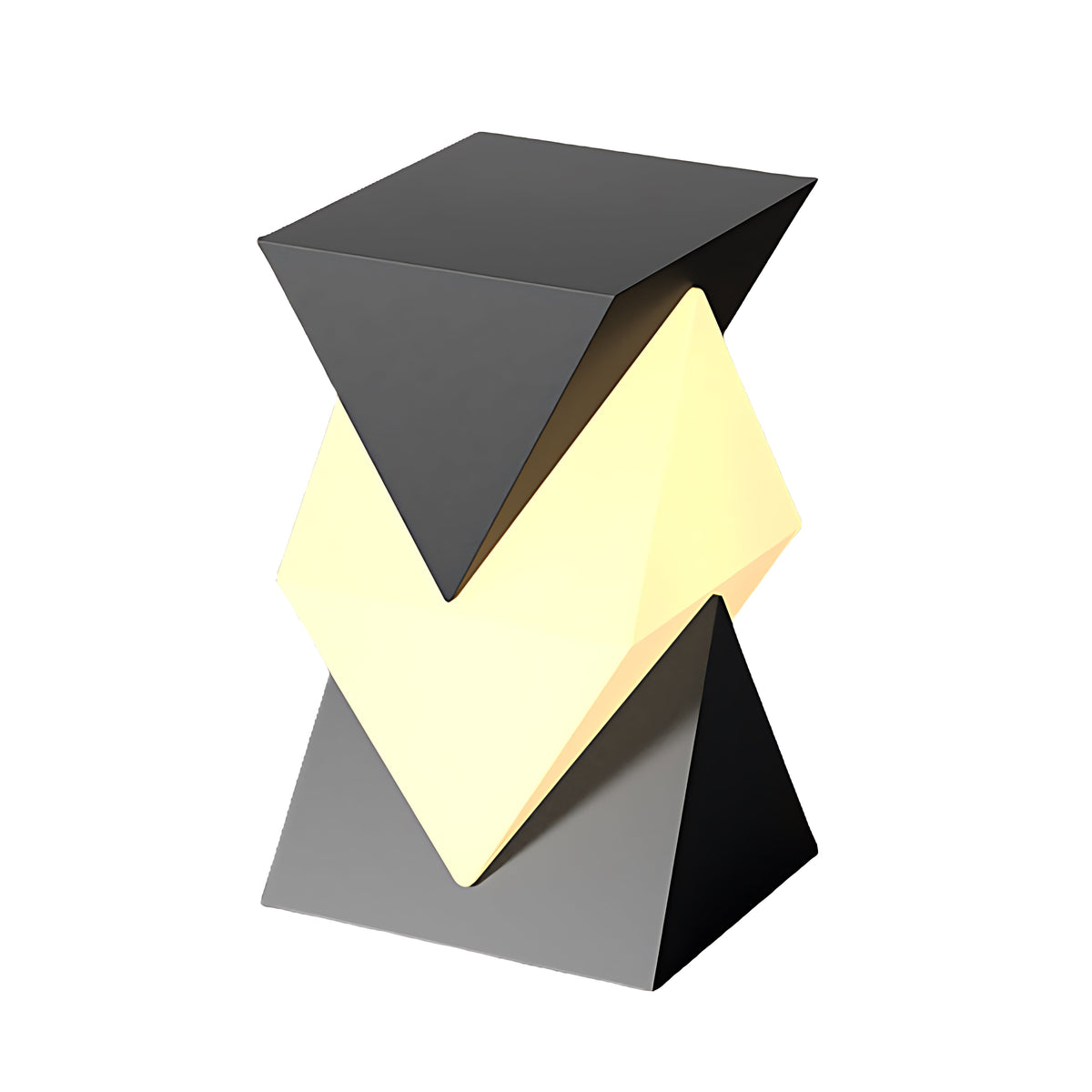Clérachic hardwired outdoor pillar light on a white background, its stacked pyramid-and-diamond silhouette lit warm white.