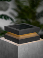 A Clérachic post light glowing softly on a pale block, with dark foliage blurred behind it.