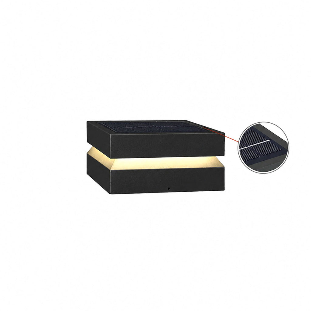 Black Clérachic solar post light on white, with a circular inset showing the solar panel up close.