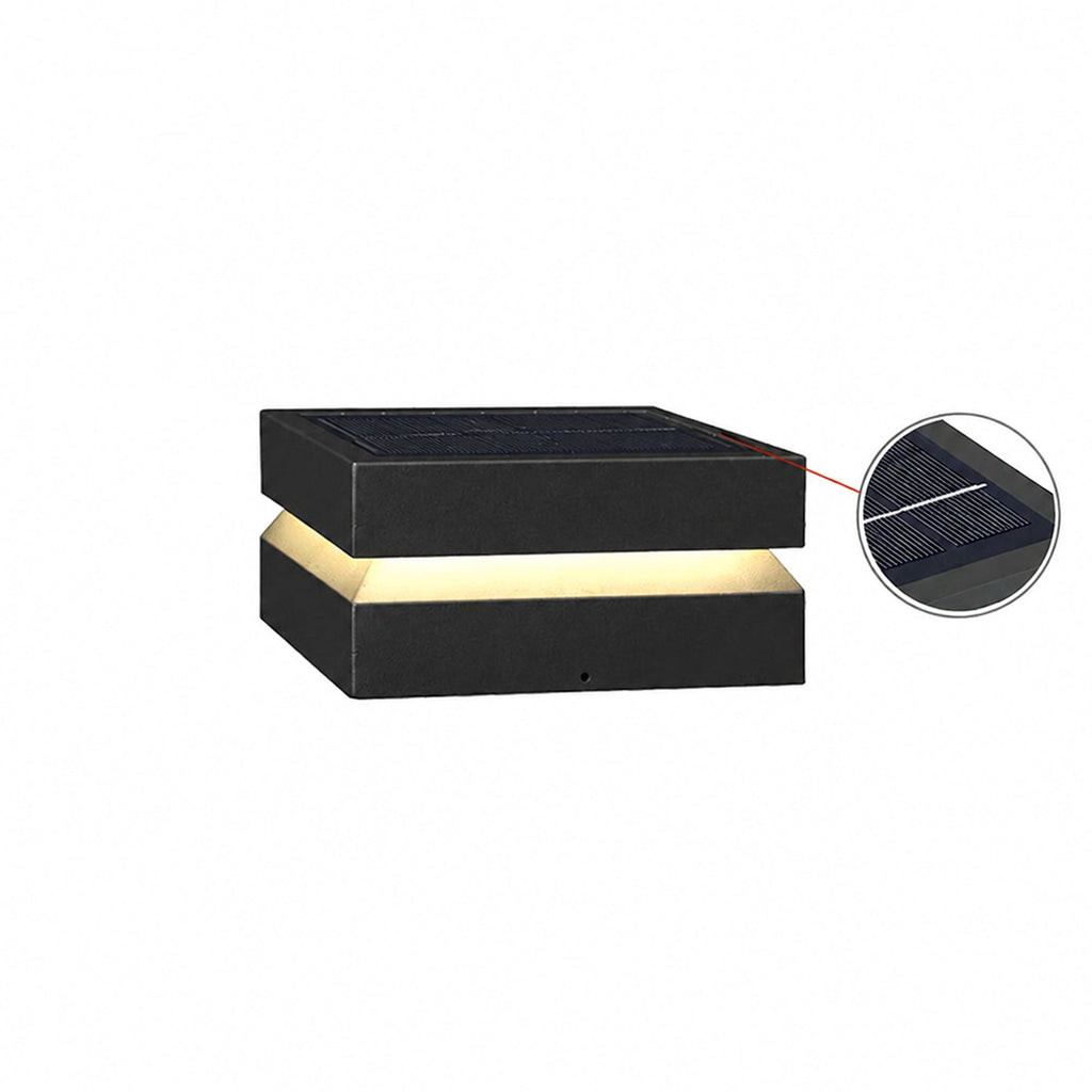 Black Clérachic solar post light on white, its panel enlarged in a round inset beside the lid.