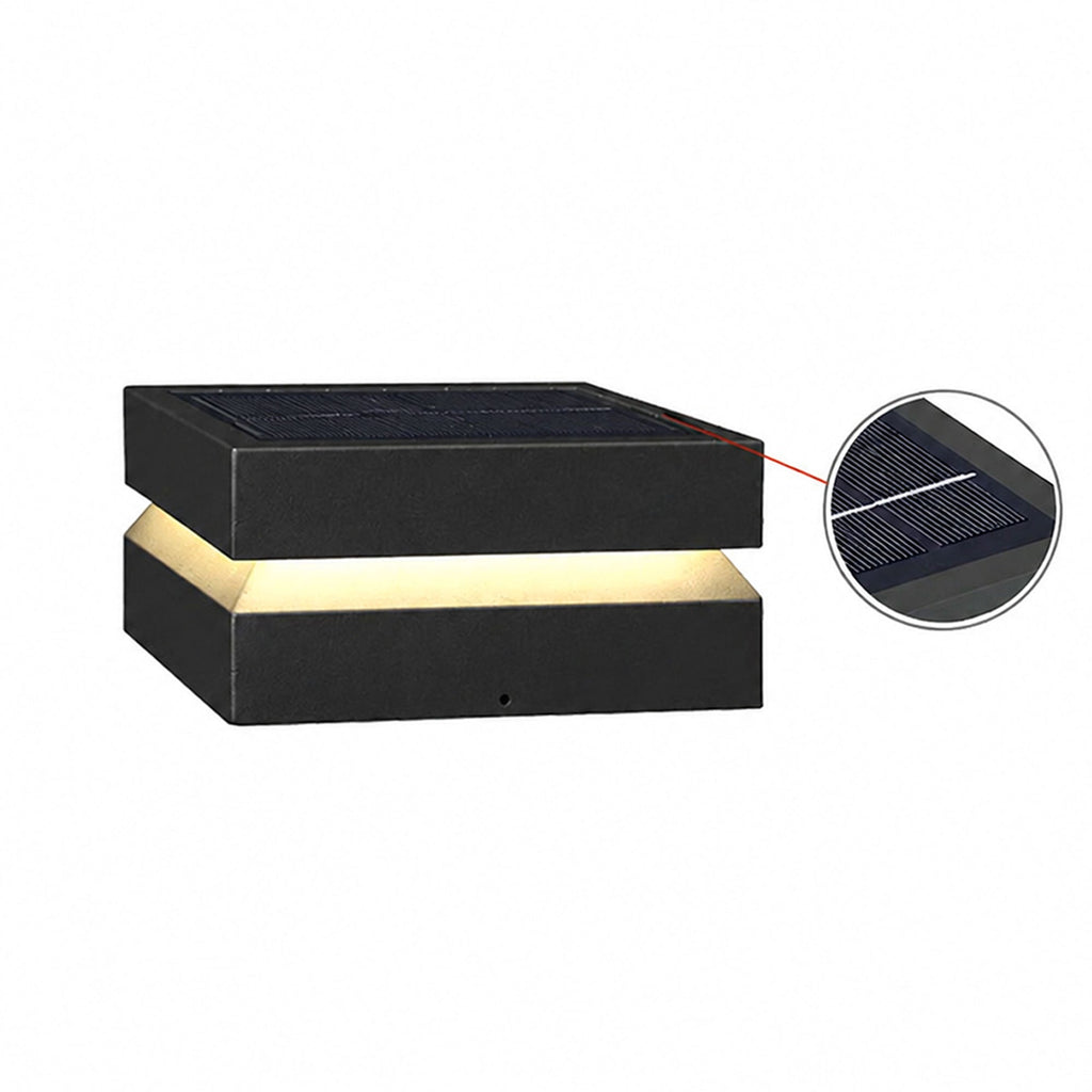 Largest black Clérachic solar post light on white, with a round close-up of the panel on its lid.