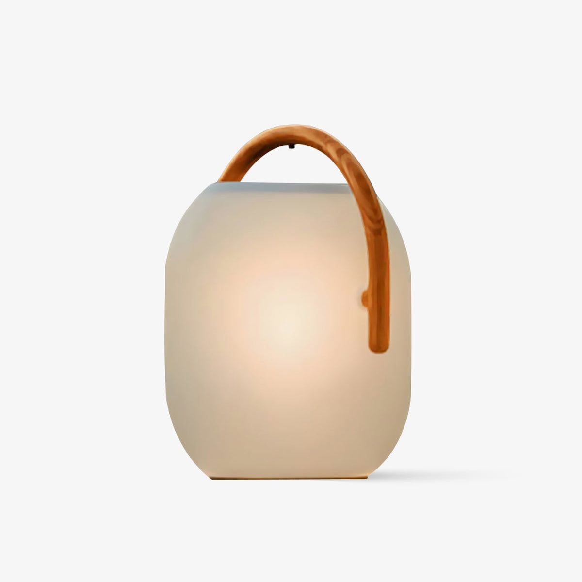 Glowing white lantern with a curved wood-grain handle, this Clérachic solar light shown on a plain light backdrop.