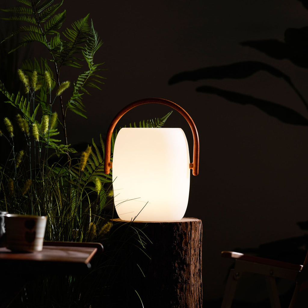 Clérachic solar lantern glowing warm on a tree stump, its wood-grain handle arched over it, grasses and ferns beside.