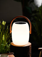 Evenly lit Clérachic lantern on a log slice, its dark solar panel on top and a wood-grain handle, in a dark garden.