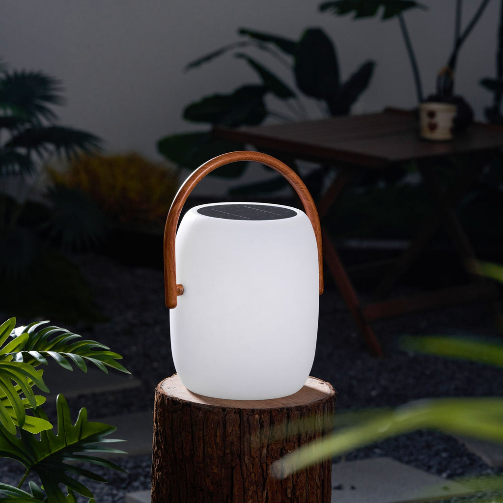 White Clérachic lantern, unlit, on a tree stump in a dim garden, with a wooden table and ferns around it.