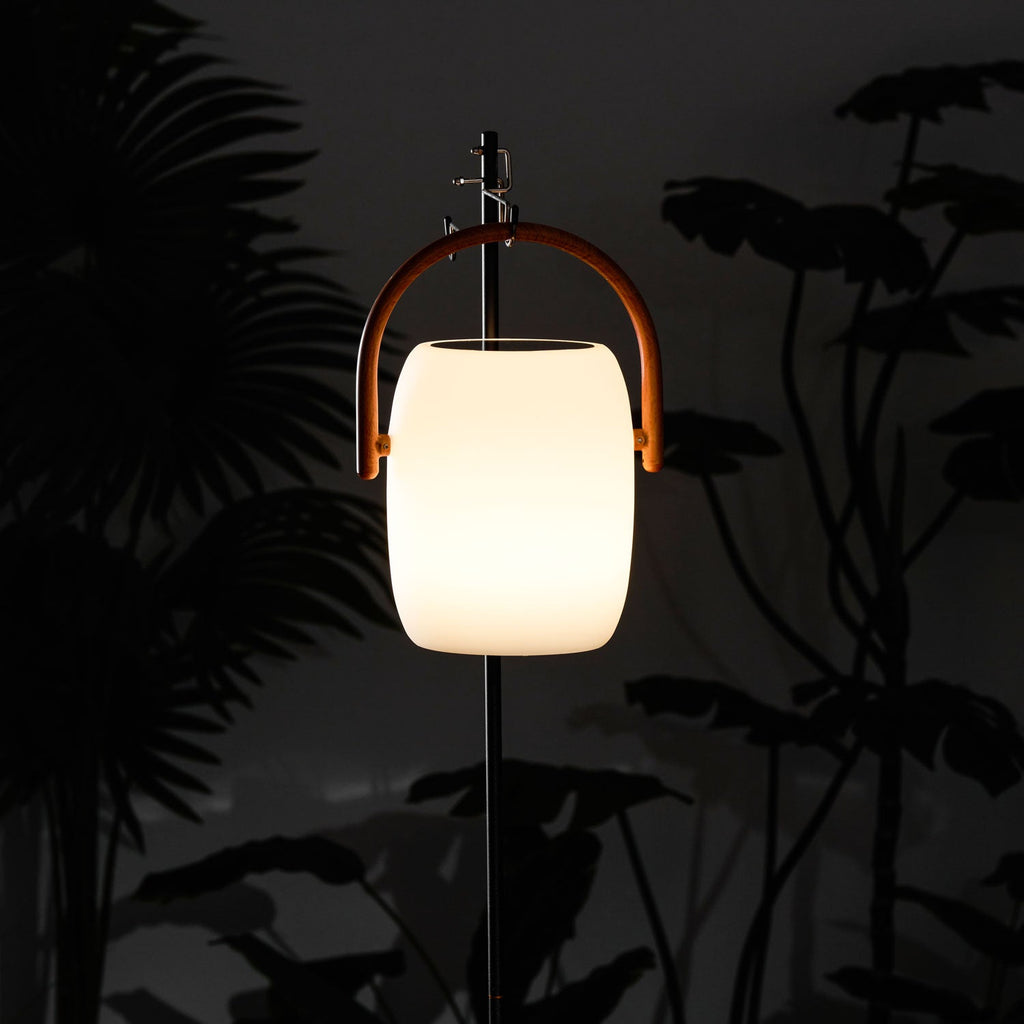 A Clérachic lantern glowing warm on a pole against the silhouettes of large dark leaves at night.