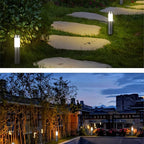 Clérachic silver solar path lights lighting a stepping-stone path across the lawn, and a rooftop terrace at dusk.