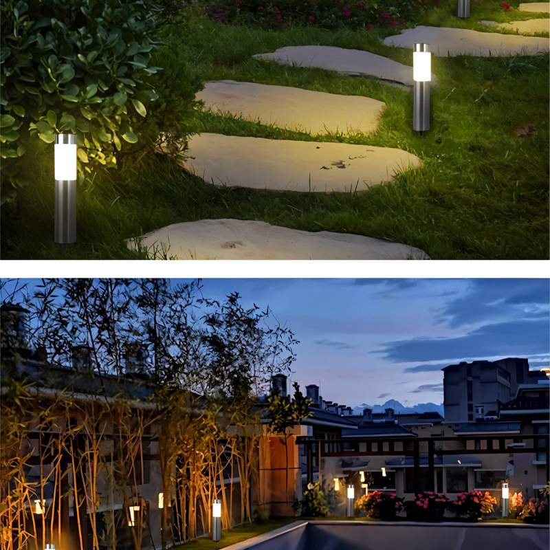 Clérachic silver solar path lights lighting a stepping-stone path across the lawn, and a rooftop terrace at dusk.