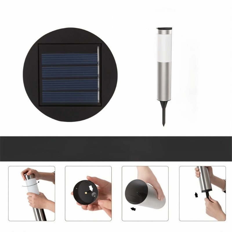 Clérachic solar path light: top solar panel, ground spike and four assembly steps for fitting the cap, cell and stake.