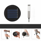 Clérachic solar path light: top solar panel, ground spike and four assembly steps for fitting the cap, cell and stake.