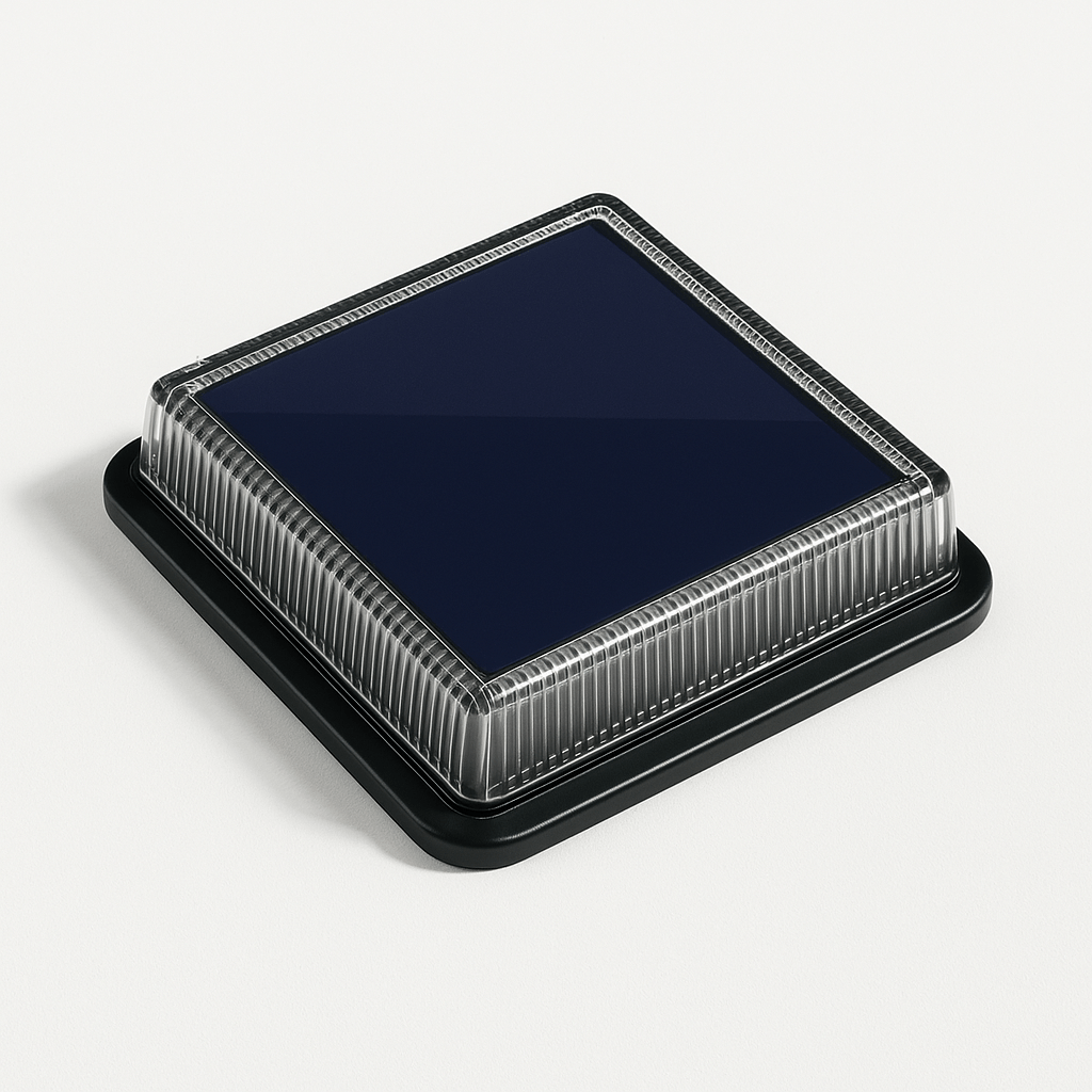 Clérachic square solar stair light, 11 cm wide, with a dark solar panel on top and a ribbed clear lens on a black base.